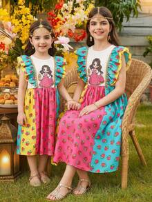 SHEIN Tween Girl Pink Floral Summer Boho Birthday Vacation Color Block Patchwork Square Collar Long Sleeve Dress Arabic Jalabiya Abaya Dress For Girls - Multicolor - View 2
