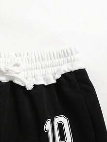 SHEIN Pantalones de chándal casuales holgados de pierna ancha con estampado de número y cintura con cordón de color bloque para niña preadolescente - Negro - Ver 5