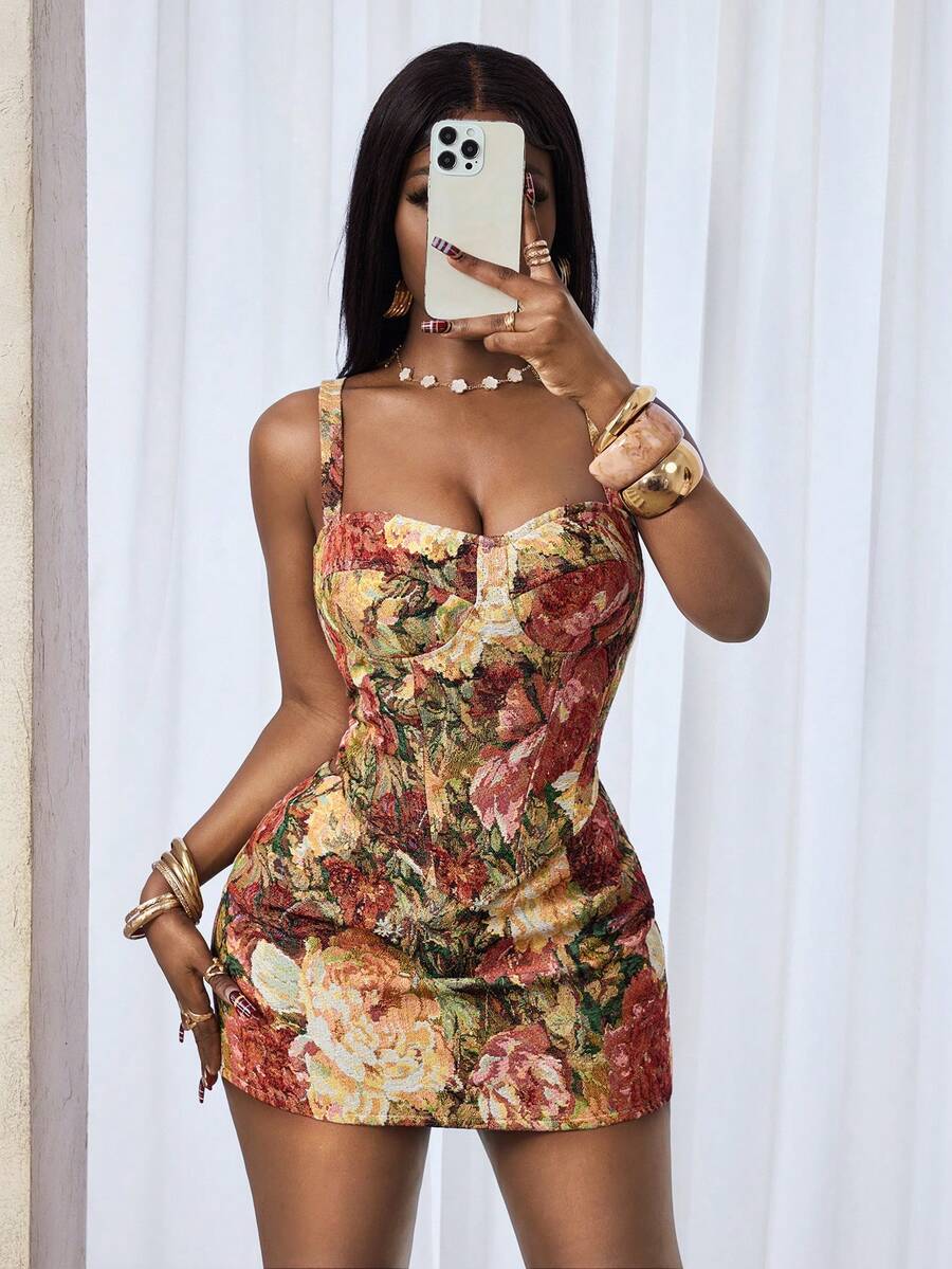 BamGleam Corset-Style Sleeveless Top With Artistic Floral Print, Versatile Wear As Outerwear Or Layering Piece, Retro-Inspired Daily Casual - Multicolor - View 1