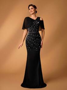 Serin Elegant Luxurious Chiffon Sleeve Splice Elastic Knit Ruched Fishtail Skirt, Suitable For Wedding, Party, Holiday, Prom, Mother Of The Bride, Evening Gown - Black - View 1