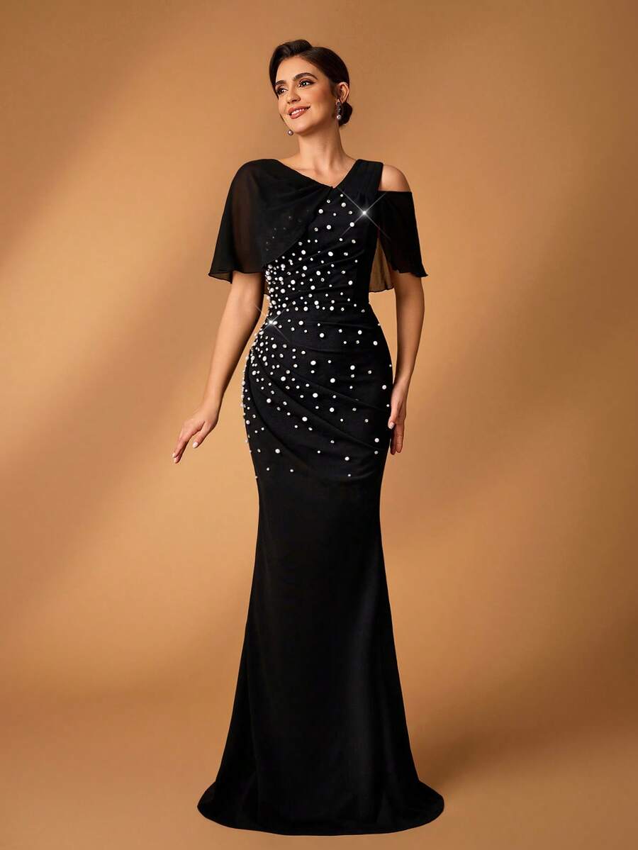 Serin Elegant Luxurious Chiffon Sleeve Splice Elastic Knit Ruched Fishtail Skirt, Suitable For Wedding, Party, Holiday, Prom, Mother Of The Bride, Evening Gown - Black - View 1