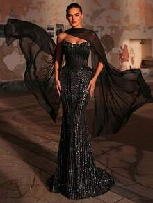 Glamrae 优雅奢华的串珠亮片花卉拼接性感无肩带高开衩鱼尾连衣裙，适合婚礼、单身派对、度假、晚宴、正式晚礼服（重工装饰） - 黑色 - 查看 6