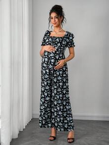 Momance Elegant Puff Sleeve Design Printed Maternity Jumpsuit - Multicolor - View 4