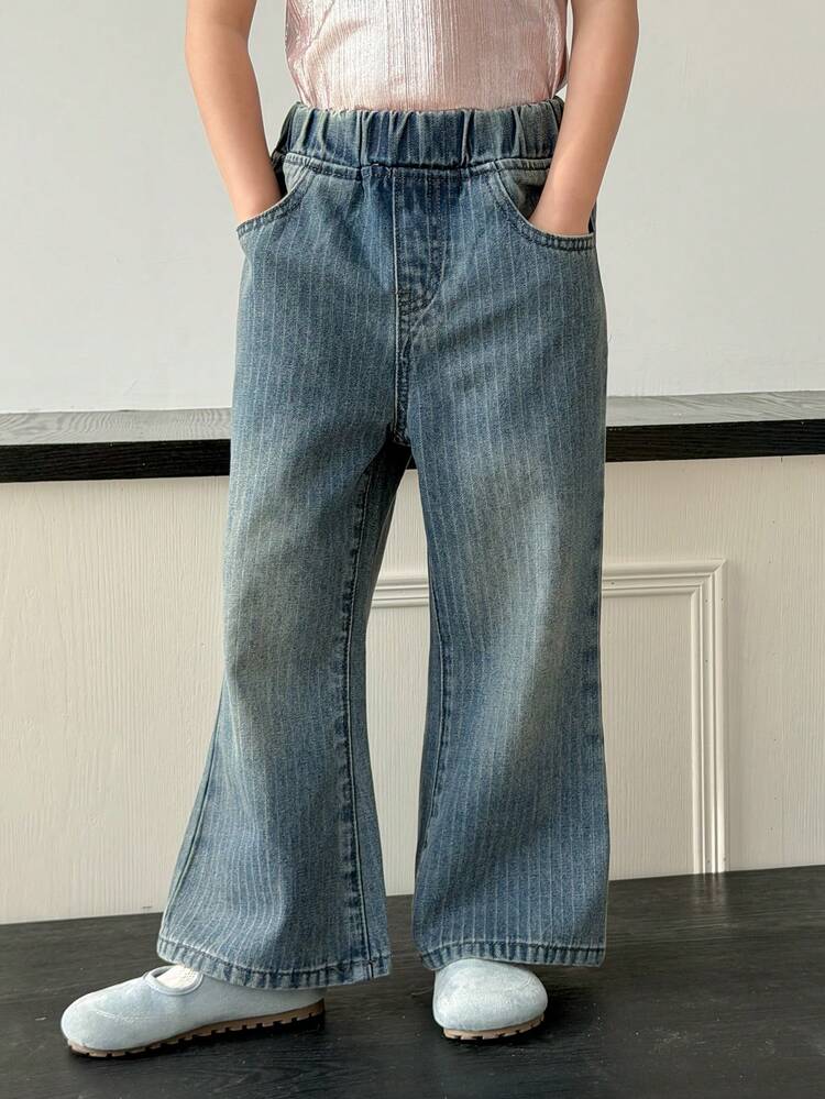 Young Girl Elastic Waist Slant Pocket Casual Flare Jeans