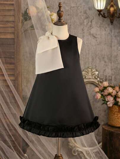 少女优雅可爱黑白撞色蝴蝶结连衣裙