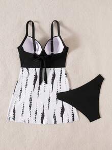 Swim Lushoire 女士夏季沙滩度假吊带比基尼，收腹塑形模杯不可拆卸衬垫钢圈聚拢分体式泳衣比基尼泳裤 - 黑與白 - 查看 6