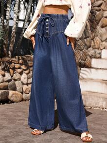 Breezaya Women's Casual Drawstring Waist New Loose Fit Flare Leg Jeans Spring Summer  Vacation - Dark Wash - View 1