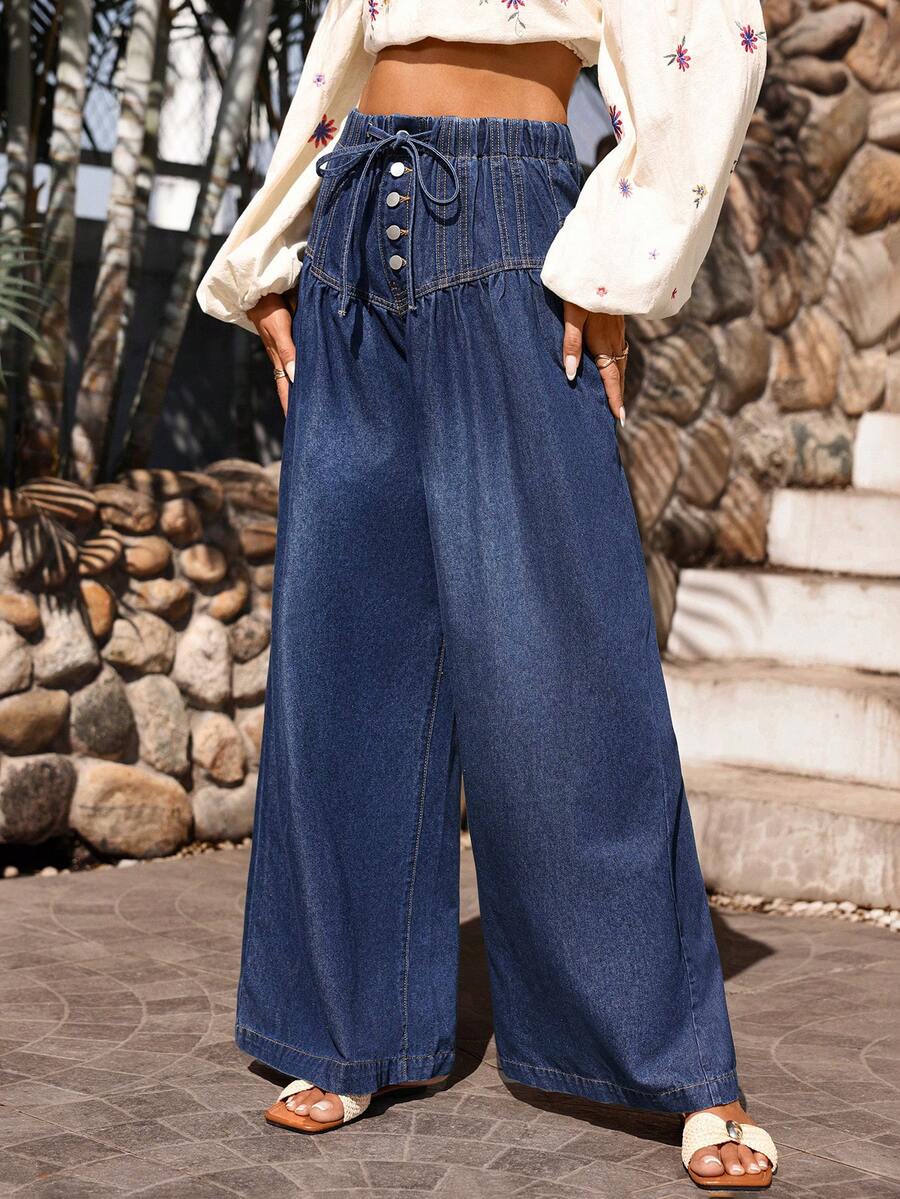 Breezaya Women's Casual Drawstring Waist New Loose Fit Flare Leg Jeans Spring Summer  Vacation - Dark Wash - View 1