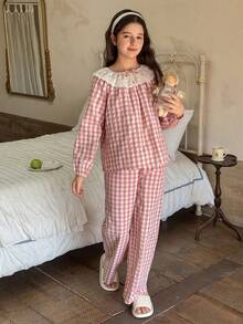 Hapijoa Bộ đồ ngủ kẻ caro cho bé gái tuổi teen, áo và quần có bèo nhún. - Hồng - Xem 6