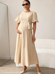 MaterniWear Maternity Clothes Maternity Dress Elegant Office Attire For Commuting Summer Khaki Round Neck Short Puff Sleeve Belted Waist Elegant Cotton Dress - Apricot - View 8