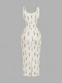 SHEIN MOD 女士浪漫郁金香印花中长连衣裙，婚纱，情人节连衣裙，约会连衣裙，春夏连衣裙，度假连衣裙 - 彩色 - 查看 3