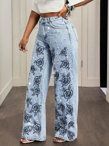 Slaydiva Jeans décontractés pour femmes avec imprimé floral et décoration de faux perles - Bleu azur - Voir 3