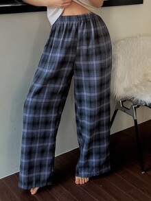 Livesso 女士休闲日常弹力腰格子家居裤 - 藍色 - 查看 5