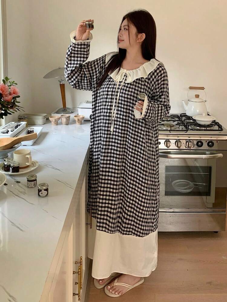 Dazy Plus Colorblock Plaid Peter Pan Collar Loose Long Nightgown, Cute Sleepwear