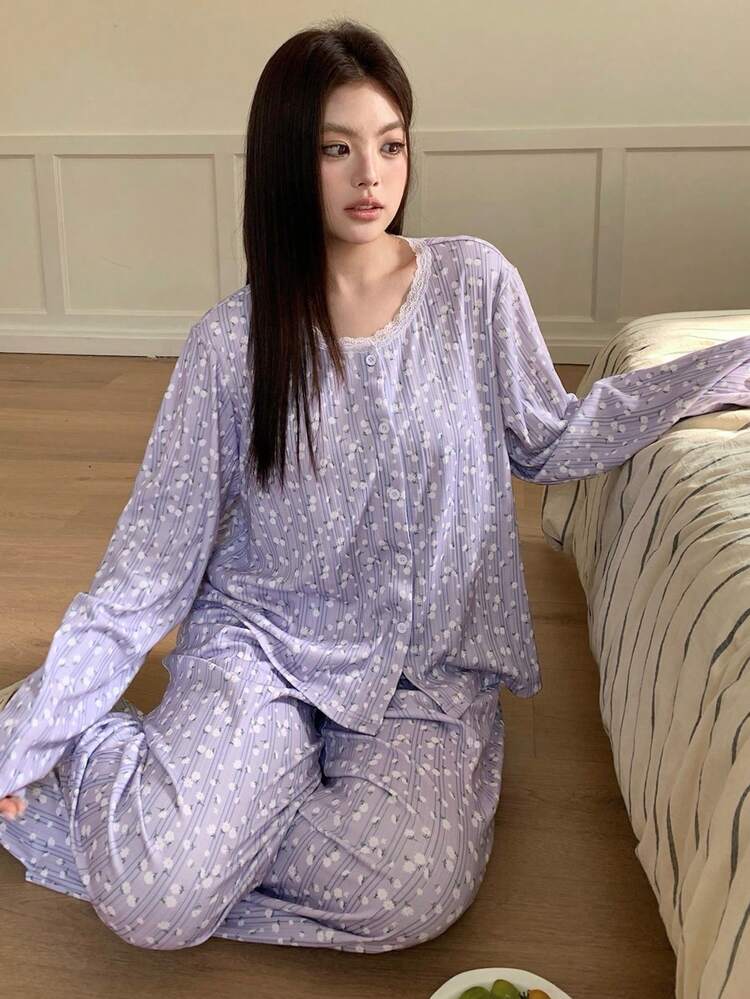 Dazy Plus Elegant Ditsy Floral Loose Fit Long Sleeve Top And Pants Pajama Set, Plus Size, Spring/Summer