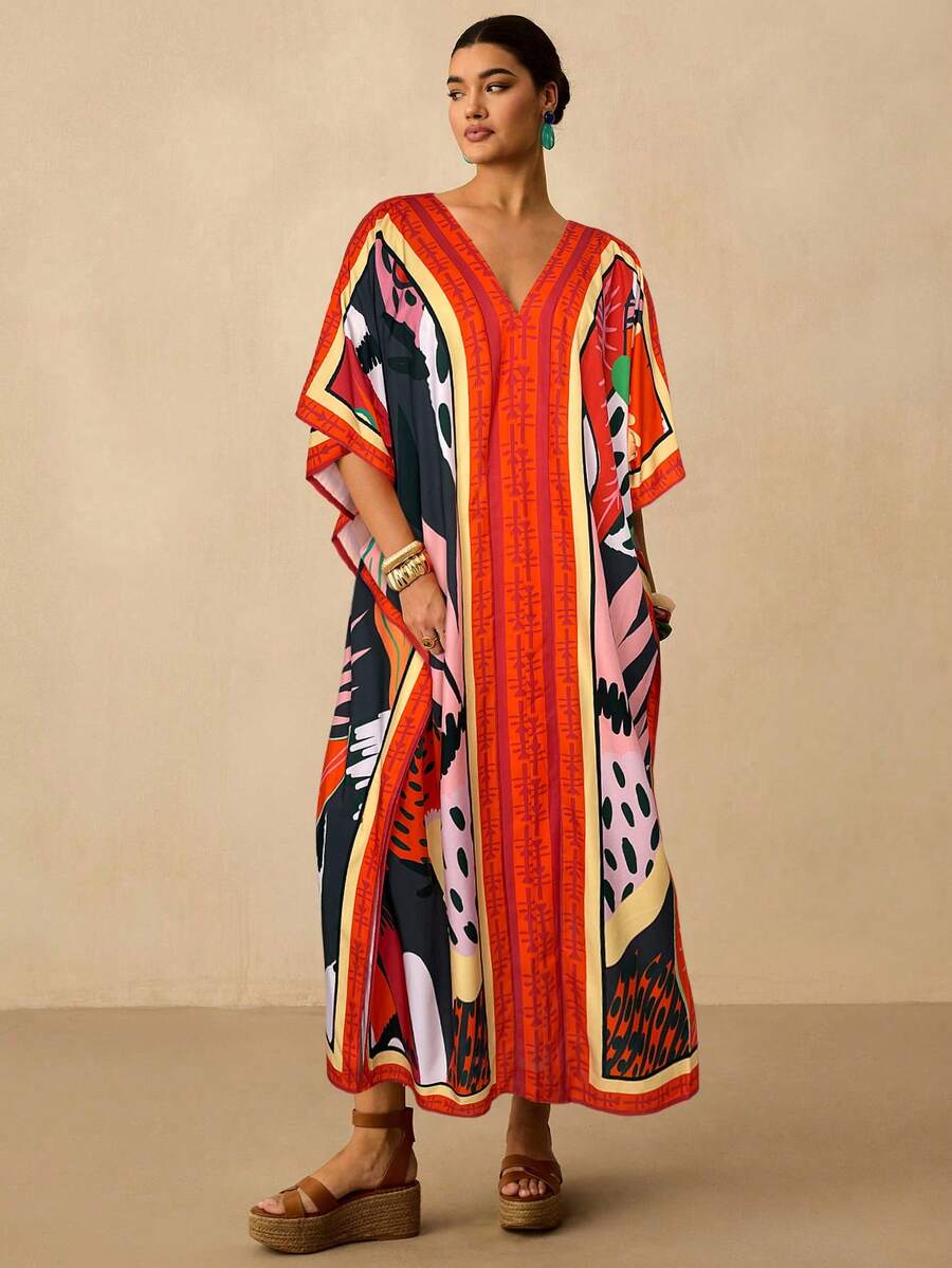 Travachic Plus Size All-Over Print V-Neck Casual Vacation Dress - Black - View 1