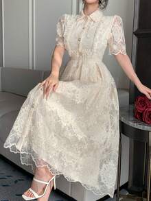 DAZY 优雅法式蕾丝连衣裙，收腰设计，修身显瘦，高端婚礼宾客礼服 - 杏色 - 查看 5