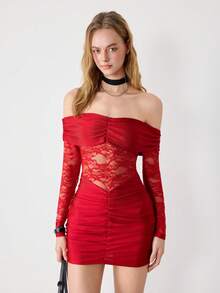 Ardnt 性感露肩蕾丝拼接褶皱紧身连衣裙，别致又性感，适合情人节 - 酒紅色 - 查看 6