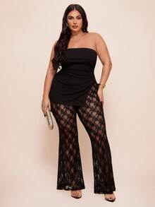 SHEIN BAE Plus Size Women's & Elegant Black Lace 2-Piece Set,Bandeau Top & Flare Pants,Summer Formal Evening Night Out Club Outfit,Wedding Guest,Curve Set - Black - View 1