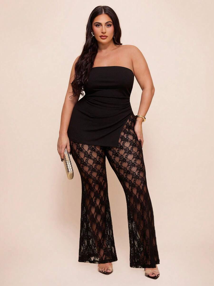 SHEIN BAE Plus Size Women's & Elegant Black Lace 2-Piece Set,Bandeau Top & Flare Pants,Summer Formal Evening Night Out Club Outfit,Wedding Guest,Curve Set - Black - View 1