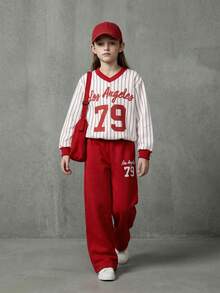 SHEIN Casuvi Kids Young Girl's Red 2 Pieces Set: Casual And Stylish Preppy V-Neck Sweatshirt With "79" And Los Angeles Pattern & Crew-Neck Sweatshirt With Wide-Leg Trousers, Suitable For Autumn And Winter - Red - View 6