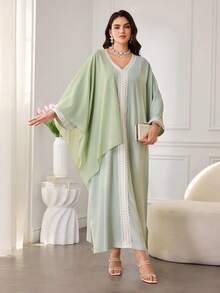 Al Najma Abito lungo casual da donna con scollo a V ricamato e orlo ondulato, stile arabo ampio - Verde - Visualizzare 7