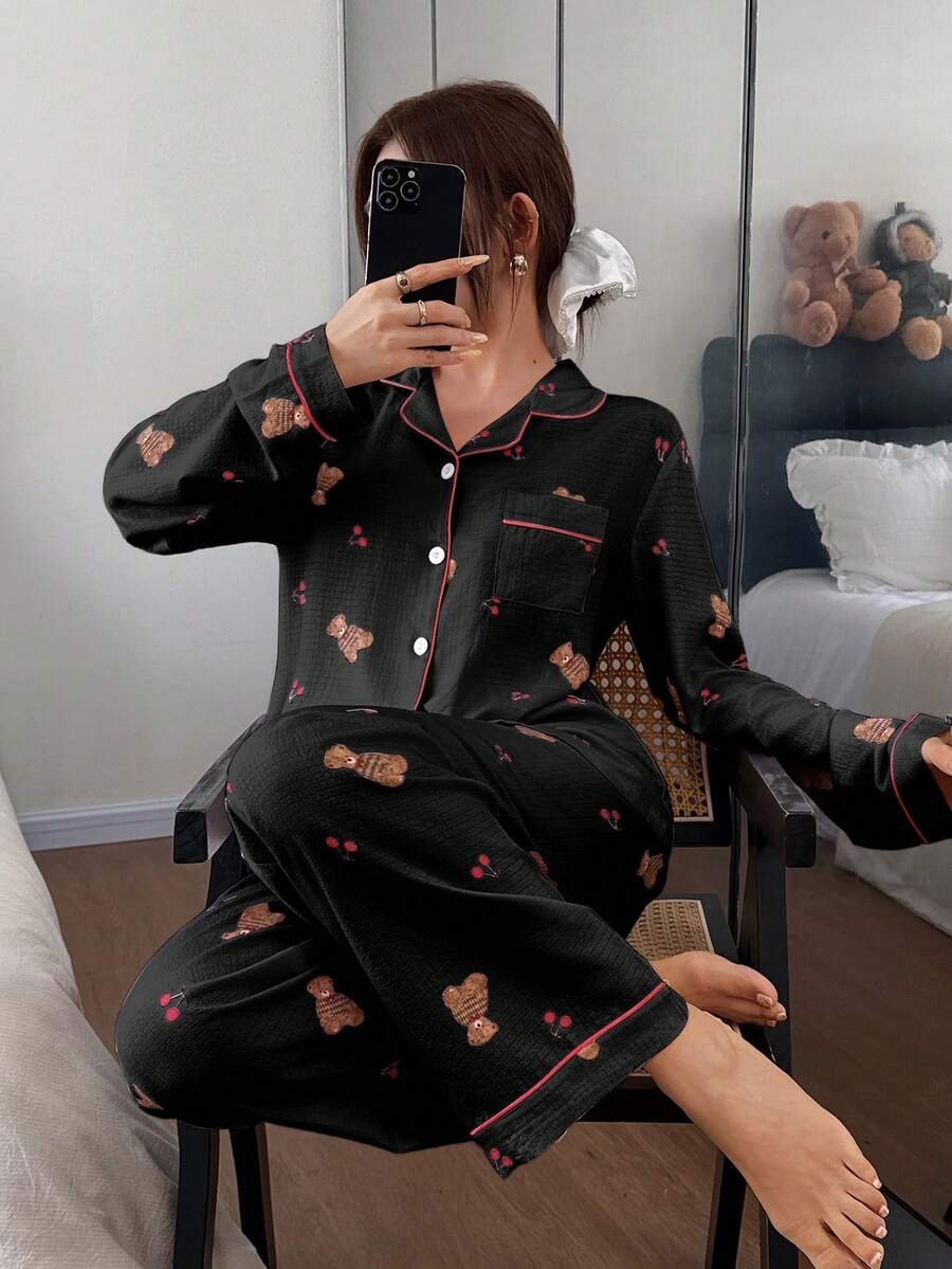 SHEIN 可爱小熊樱桃印花长袖睡衣套装(女士款) - 黑色 - 查看 1