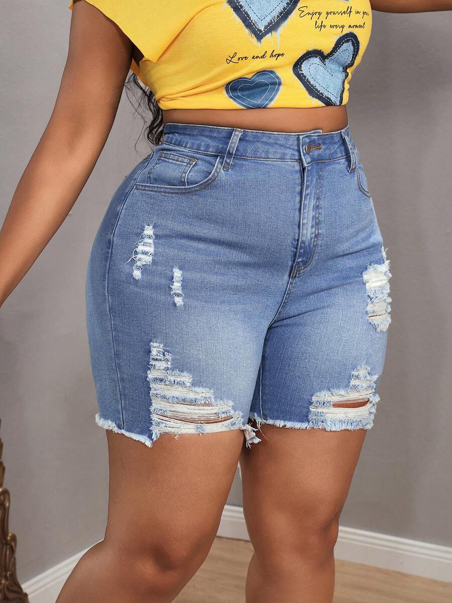 Slaydiva Plus Size High Waist Distressed Frayed Hem Skinny Denim Shorts - Blue - View 1