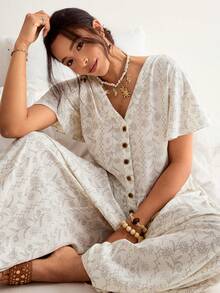 Freevana Plus Size V-Neck All-Over Print Button Front Short Sleeve Jumpsuit,White Summer Boho Flowy Vacation Holiday Elegant Casual Beach Outfits For Women - Beige - View 1