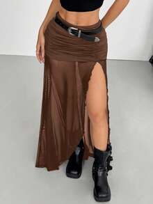 SHEIN EZwear 女士时尚性感咖啡棕色网纱拼接高开衩裙 - 咖啡棕 - 查看 6