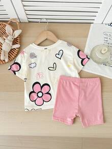 SHEIN 女婴可爱卡通印花短袖T恤和松紧腰短裤套装，夏季 - 杏色 - 查看 2