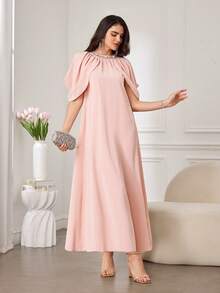 Al Najma Women's New Fashionable Elegant Luxurious Handmade Beaded Embroidered Sequin Rhinestone Floral Ruffle Collar Pleated Shoulder Cover Sleeve Hollow-Out Slit Sleeve Long Arabic Style Maxi Dress, Spring/Summer - Pink - View 1