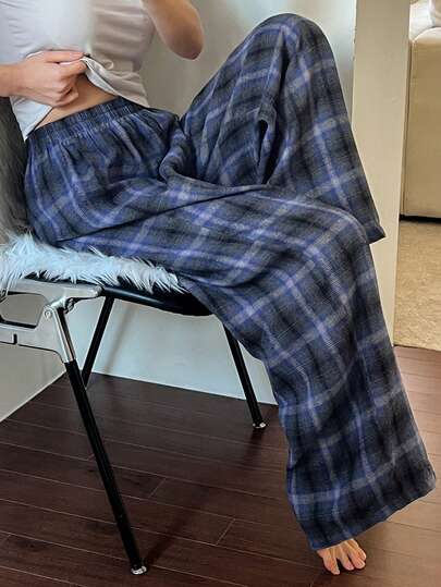 Livesso 女士休闲日常弹力腰格子家居裤