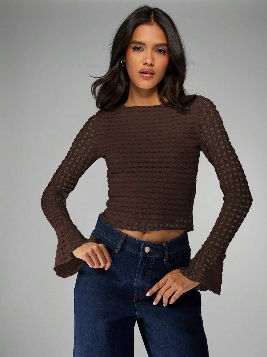 MISSGUIDED Long Sleeve Textured Knit Fitted Top With Bell Flare Sleeves Round Neck Cropped Length For Fall Winter - Brown - View 1