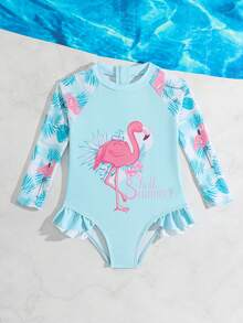 Traje de baño de una pieza para bebé niña, con estampado de animales lindos y diseño floral, de manga larga con protección solar, adecuado para nadar, verano y vacaciones - Multicolor - Ver 4