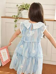 Genkimix Kids 1pc Toddler Girls Emboidery Flower Chiffon Dress, Kids Layered Light Blue Cute Dress - Blue - View 2