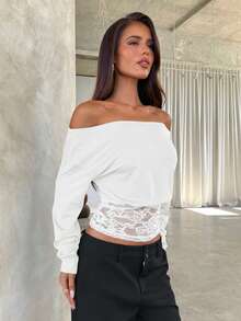 Aloruh Solid Color Lace Patchwork Asymmetric Collar Elegant Long Sleeve T-Shirt White Lace Top White Long Sleeve Top - White - View 3