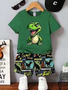 2pcs/Set Toddler Boys' Casual Dinosaur Silhouette, Footprint, Line Design, Letter Graphic Print Short Sleeve T-Shirt And Shorts Set, Comfortable Daily Wear, Cozy Summer Styles Suitable For Spring And Summer Toddler Boy Clothes Summer Sets Boy Zoo Outfit Dinosaur Toddler Boy Outfit - Multicolor - View 4