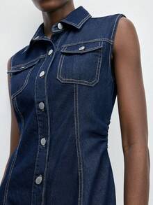 Maija 女士单排扣休闲无袖时尚牛仔衬衫裙 - 深色水洗藍 - 查看 3