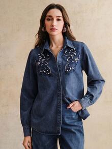 Anewsta Women's Romantic Glittery Embroidered Long Sleeve Shirt, Suitable For Valentine's Day Party And Vacation, Blue