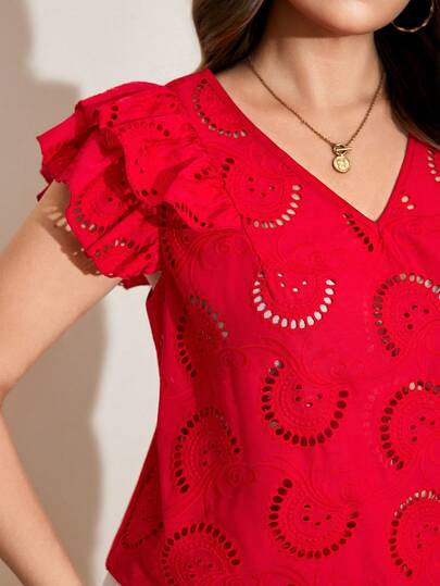 SHEIN LUNE Plus Size Fashion Solid Color Hollow Embroidery Cap Sleeve Blouse Valentine's Day Eyelet Top For Women Red Top For Women Eyelet Blouse Red Summer Top Red Blouse,Plus-Size Women'S Double-Layered Ruffled Short-Sleeved Blouse, Elegant And Versatile, Suitable For Work Commutes, Summer, Valentine'S Day, Easter, Spring/Summer, Beach, And Other Occasions. Red Ruffled Top, Elegant Red Women'S Top, Valentine'S Day Red Ruffled Top, Exuding Elegant Temperament.Elegant Blouse,Simple Women Tops,Elegant And Fashionable For Commuting,Commute Minimalist Office Old Money Blouset,Commute,Minimalist, Summer Outfits For Women Red Eyelet Shirt Red Eyelet Top