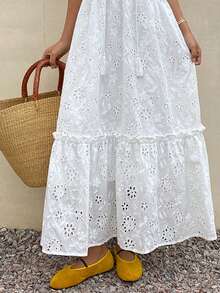 DAZY Women's Hollow Out Embroidery Frill Trim Tie Waist Long Puff Sleeve Dress, Vacation - Ivory White - View 7