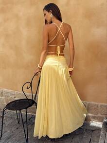 SHEIN BAE 黄色网纱弹力长款沙滩度假连衣裙，金属串珠装饰，适合海滩度假、约会、派对等场合，优雅长裙 - 淡黃色 - 查看 8