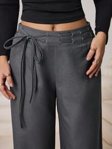 Aidyla Grey Corns Lace-Up Drawstring Design Low Waist Wide Leg Fashionable Suit Pants For Women - Grey - View 6
