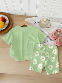 SHEIN LMoss Kids 2pcs Set Pakaian Rumahan Kasual Motif Bunga Daisy untuk Bayi Perempuan, Kaos dan Celana Pendek, Cocok untuk Musim Panas - MultiWarna - View 2