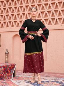 Al Najma Solid Color Patchwork Geometric Print Waist Cinched Dress With Belt - Multicolor - View 8