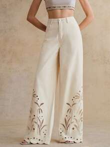 Anewsta 女士时尚、优雅、性感镂空刺绣浪漫派对/度假米色直筒牛仔裤，春夏款 - 米色 - 查看 4