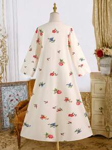 Teen Girl Floral Print V-Neck Long Sleeve Dress, Suitable For Vacation/Travel, Spring/Summer - Multicolor - View 2