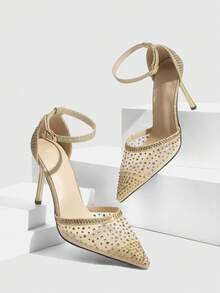 CUCCOO SZL Champagne Color Pointy Toe High Heels With Rhinestones & Mesh Panels, Glittery Luxurious Party Wedding Shoes For Women Valentine's Day - Gold - View 2