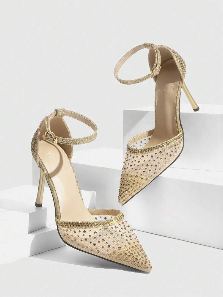 CUCCOO SZL Champagne Color Pointy Toe High Heels With Rhinestones & Mesh Panels, Glittery Luxurious Party Wedding Shoes For Women Valentine's Day